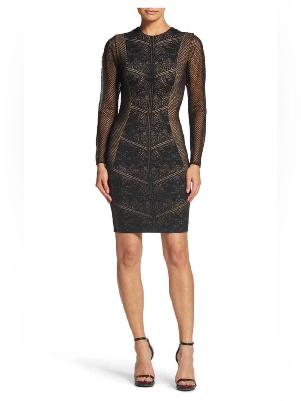 Dress The Population Black Nude Lace Mesh Long Sleeve Bodycon Dress Size L 8